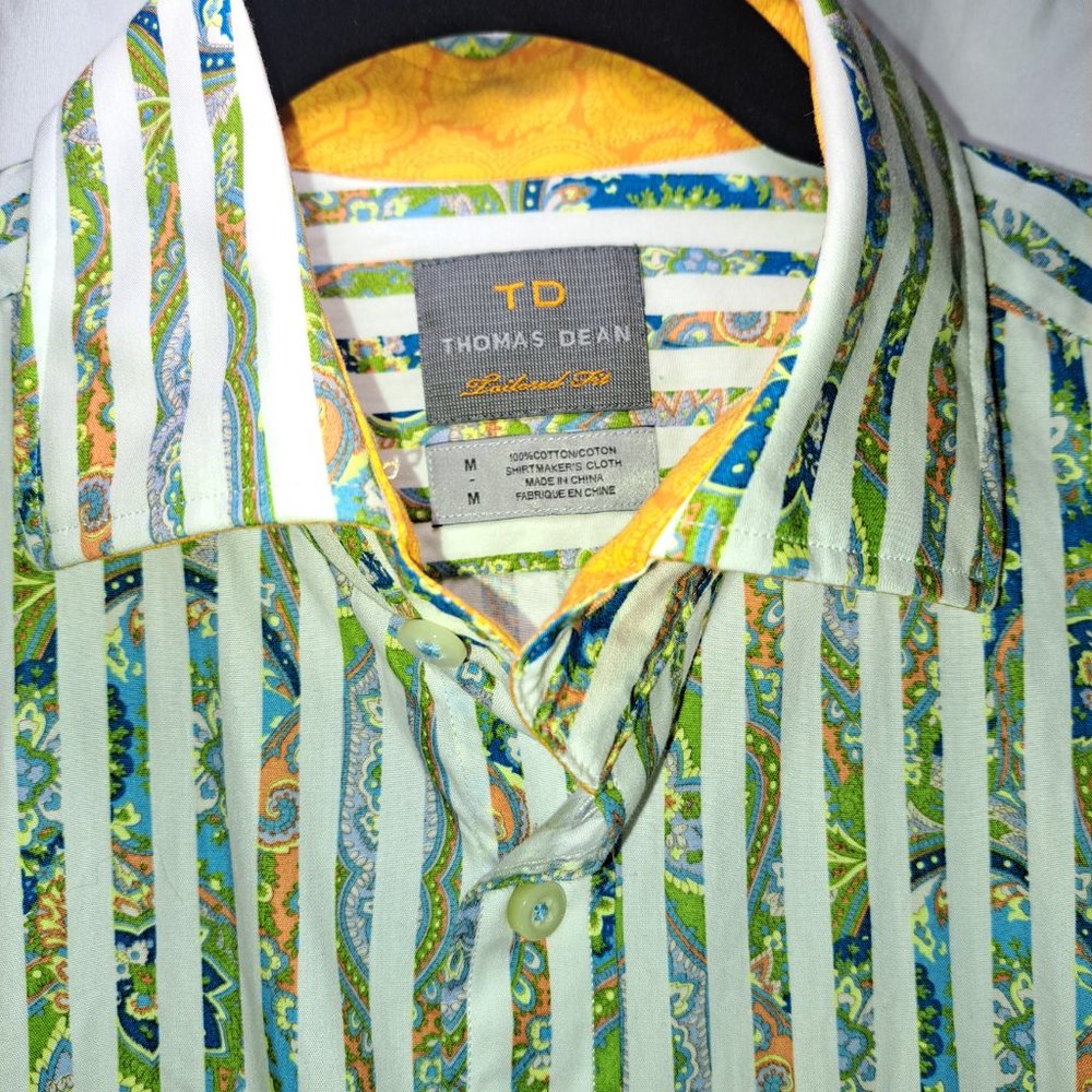 Thomas Dean Mens Shirt Medium Stripe Contrast Cuff Pima Cotton